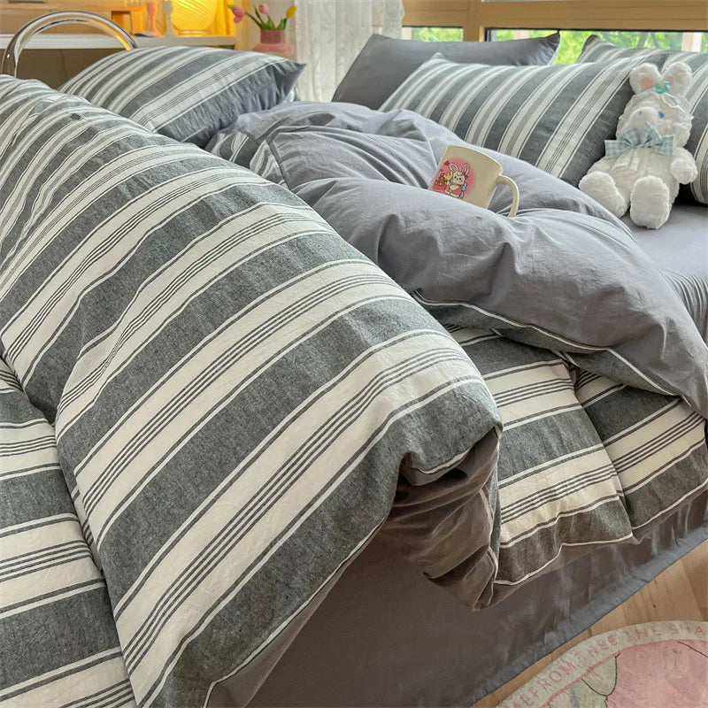Afralia™ Cotton Striped Bedding Set Yarn Dyed Washed Duvet Cover Single Bedclothes