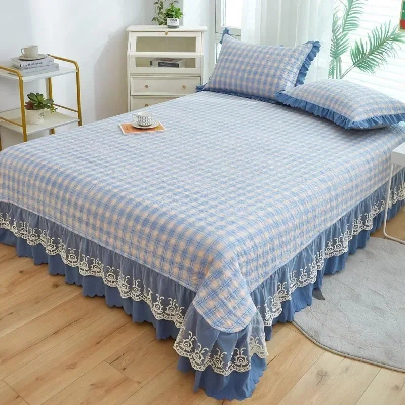 Afralia™ Oversized Printed Bed Skirt Pad Cover with Lace Edge, Cotton Mattress Topper