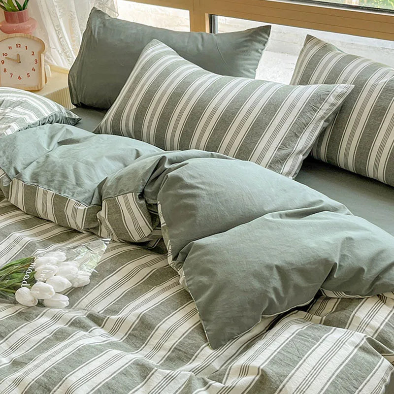 Afralia™ Cotton Striped Bedding Set Yarn Dyed Washed Duvet Cover Single Bedclothes