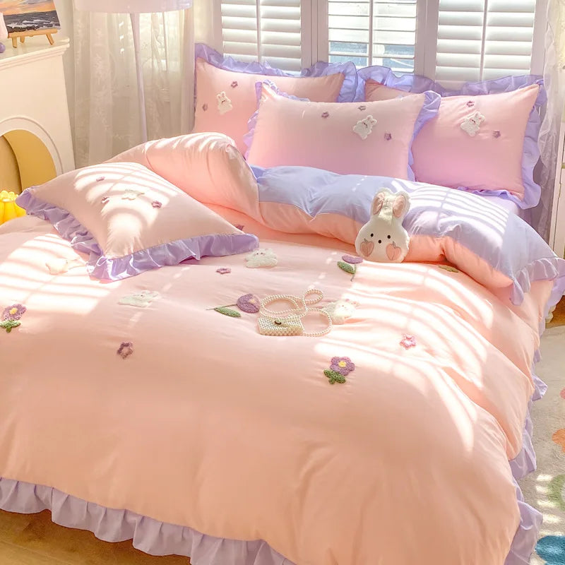 Afralia™ Cartoon Embroidery 100% Cotton Bedding Set King Queen Bedclothes