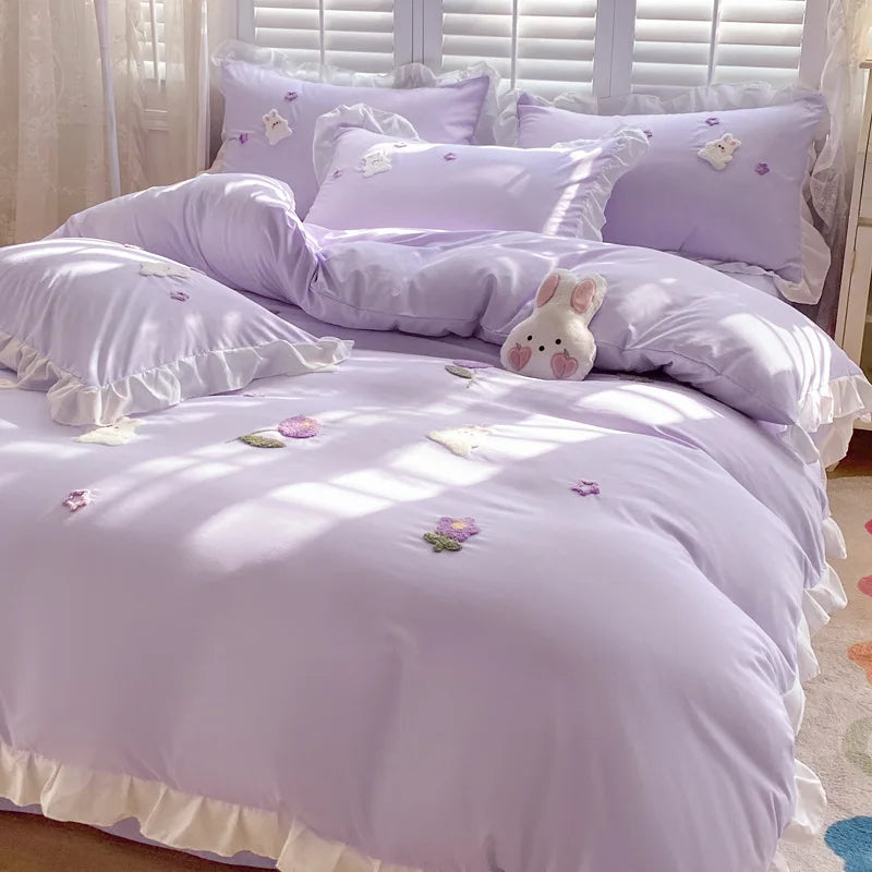 Afralia™ Cartoon Embroidery 100% Cotton Bedding Set King Queen Bedclothes