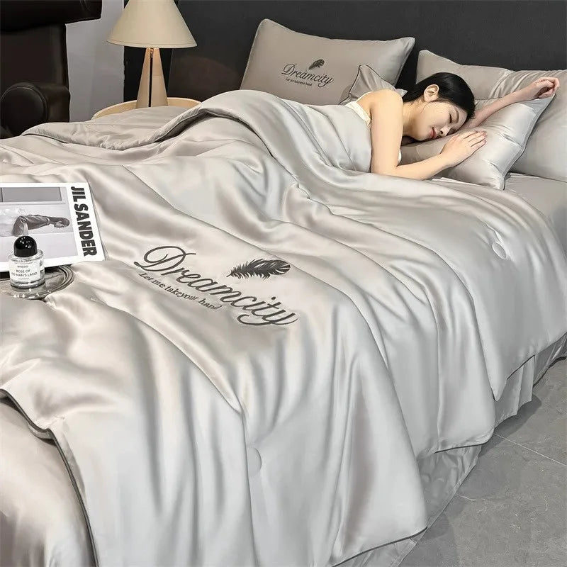 Afralia™ Nordic Style Floral Embroidered Ice Silk Comforter Set for Cooling Luxury Experience.