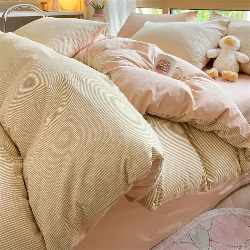 Afralia™ Cotton Striped Bedding Set Yarn Dyed Washed Duvet Cover Single Bedclothes