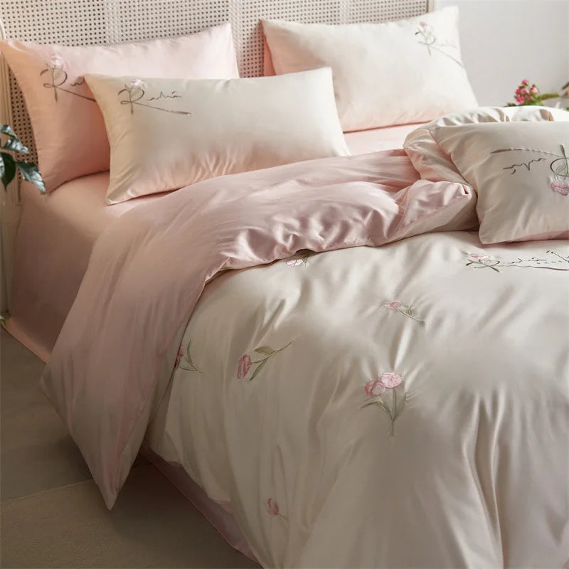 Afralia™ Luxury 100S Long Staple Cotton Embroidery Bedding Set, Ultra Soft Solid Duvet Cover, Double King Size