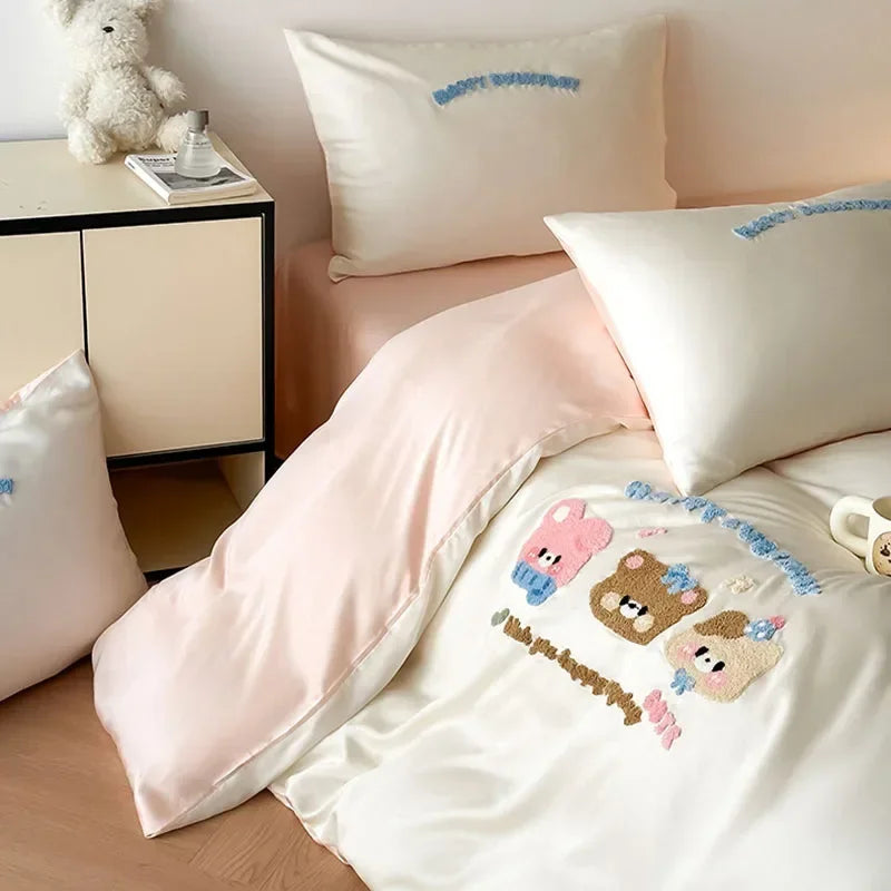 Afralia™ Cartoon Embroidery Cotton Bedding Set - Summer Cool, Skin Friendly Flat Sheet Kit