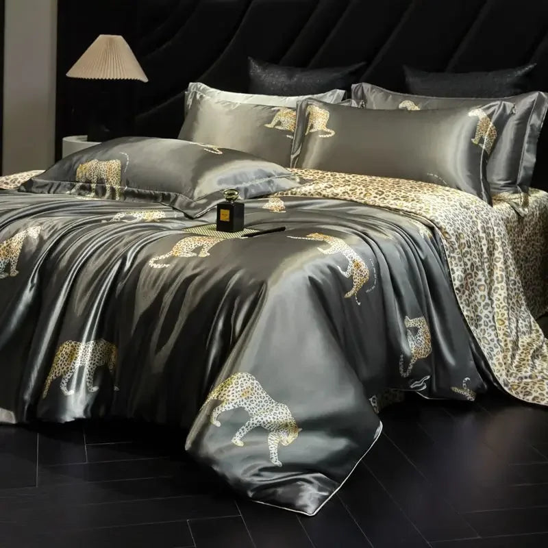 Afralia™ Mulberry Silk Cooling Bedding Set - 3D Printed Satin Fitted Sheet & Quilt Cover