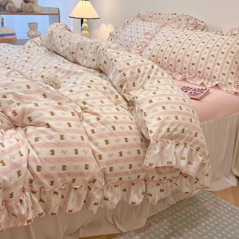 Afralia™ Lace Bedding Set: Printed Design, Single Queen Size, Cozy Quilt Cover, Fitted Sheet, 2 Pillowcases
