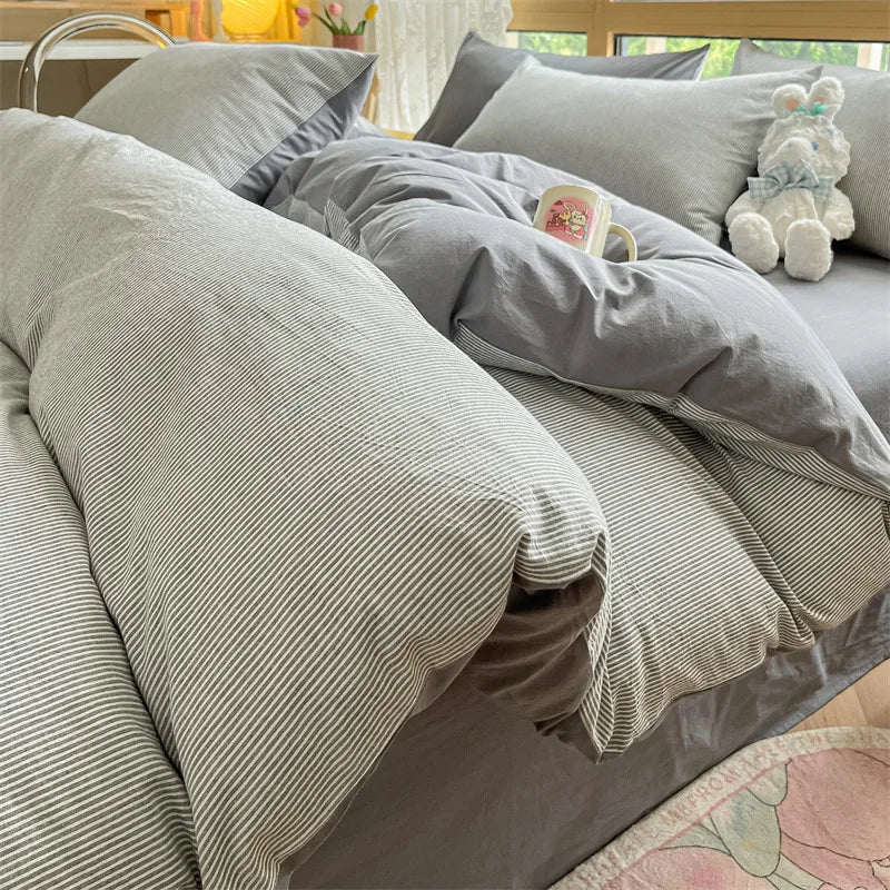 Afralia™ Cotton Striped Bedding Set Yarn Dyed Washed Duvet Cover Single Bedclothes