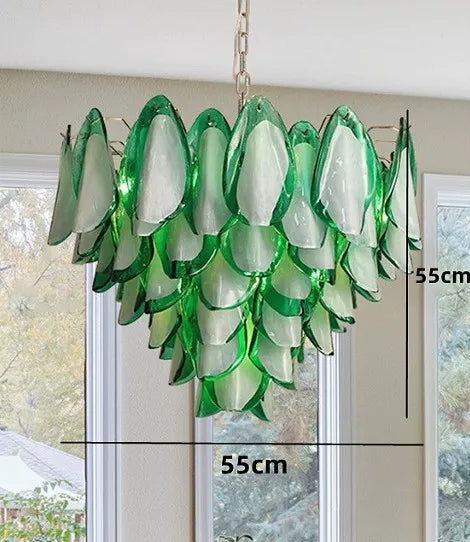 Afralia™ Pink Green Petal Crystal Glass Chandelier for Home Decor
