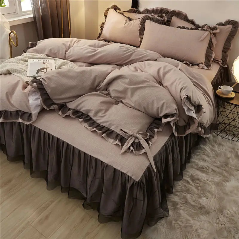 Afralia™ Korean Bed Skirt Set with Ruffled Edges - Solid, Skin-Friendly Bedding Kit