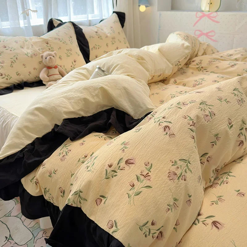 Afralia™ French Washed Cotton Princess Flower Quilt Cover Set - Spring Floral Bedding