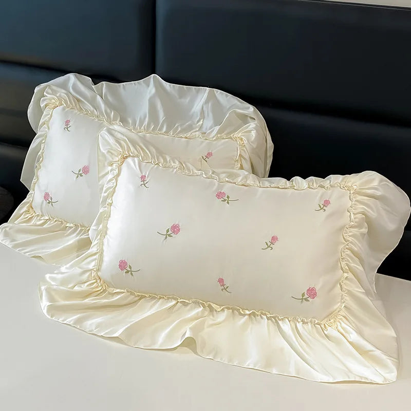 Afralia™ Ice Silk Embroidery Bedding Sets: Luxury Rayon Duvet Set with Lace, Soft & Cozy