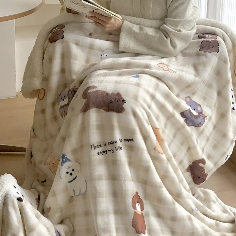 Afralia™ Cartoon Lamb Wool Blanket - Thick, Printed Coral Fleece Sofa Cover