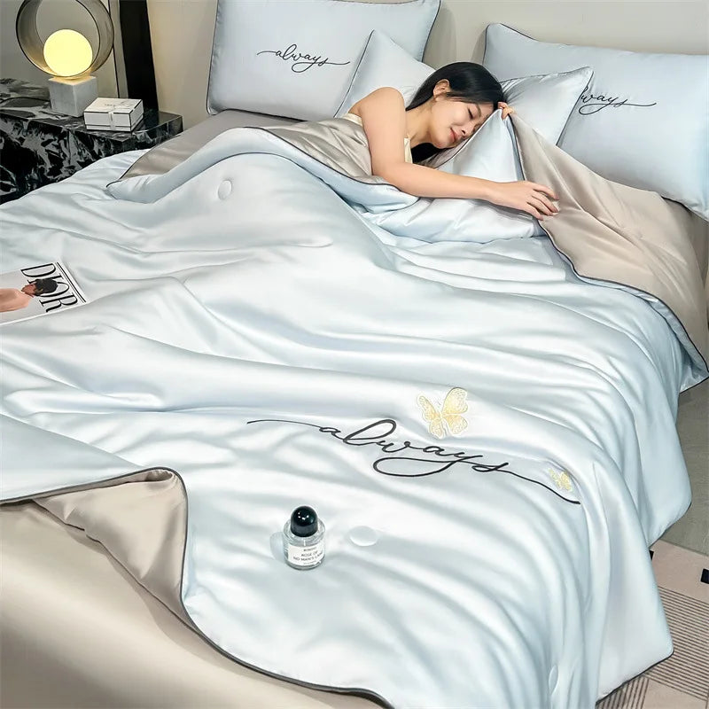 Afralia™ Nordic Style Floral Embroidered Ice Silk Comforter Set for Cooling Luxury Experience.