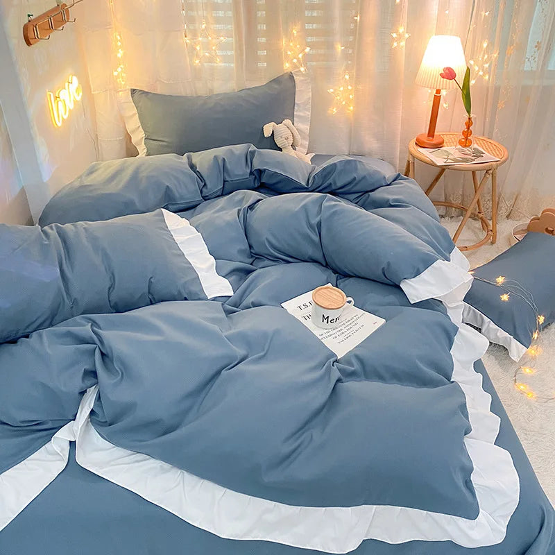 Afralia™ Cotton Ruffle Edge Duvet Cover Set - Soft, Thick, Solid Color