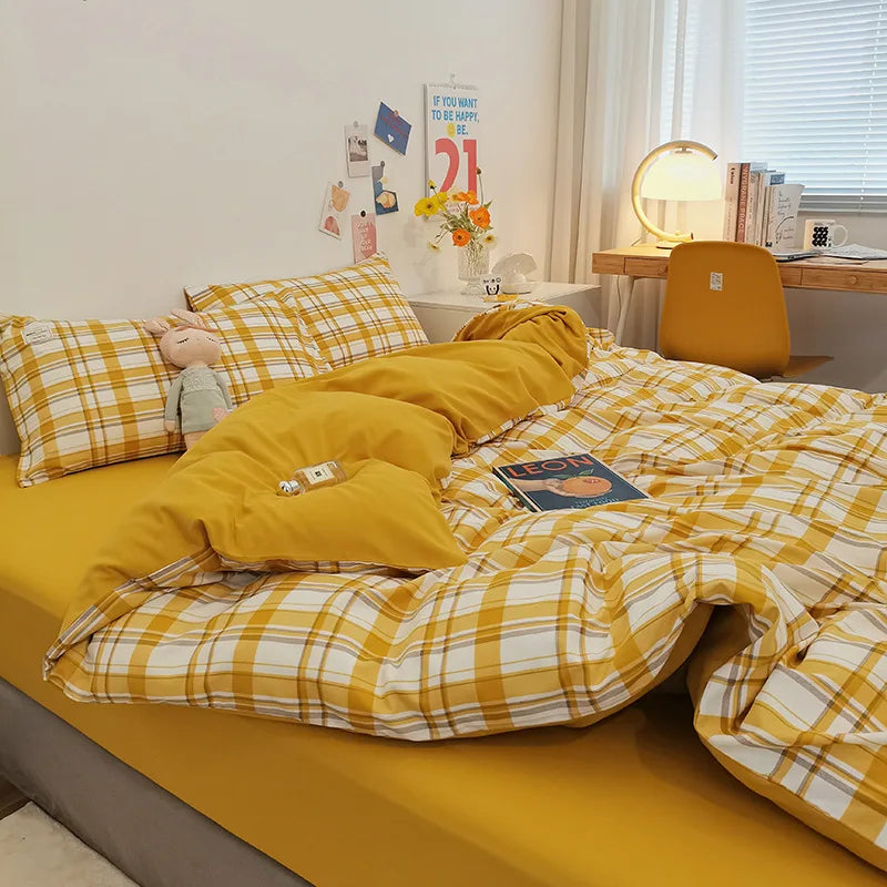 Afralia™ Simple Striped Check Cotton Bedding Sets for Queen King Size