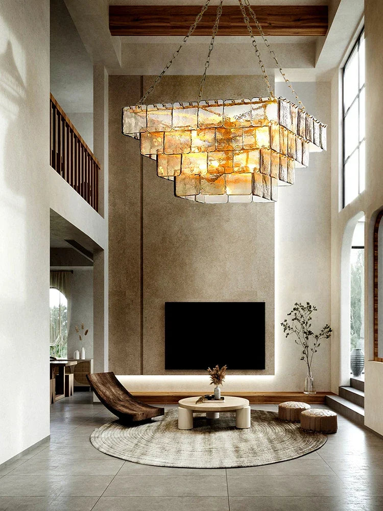 Afralia™ Gold Glass Square Chandelier - Light luxury Living Room Ceiling Fixture