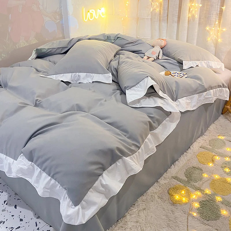 Afralia™ Cotton Ruffle Edge Duvet Cover Set - Soft, Thick, Solid Color