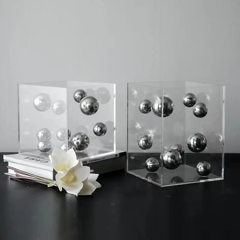 Afralia™ Abstract Metal Ball Artworks in Transparent Acrylic Container Boxes