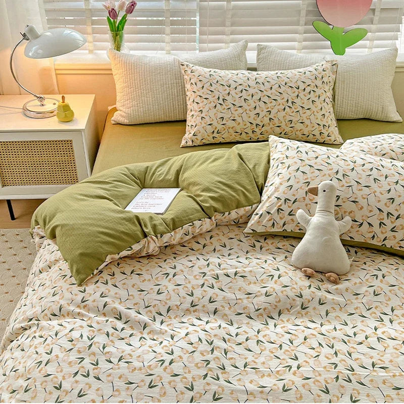 Afralia™ Flower Print Bedding Set 200X230Cm Soft Cotton Duvet Cover Set