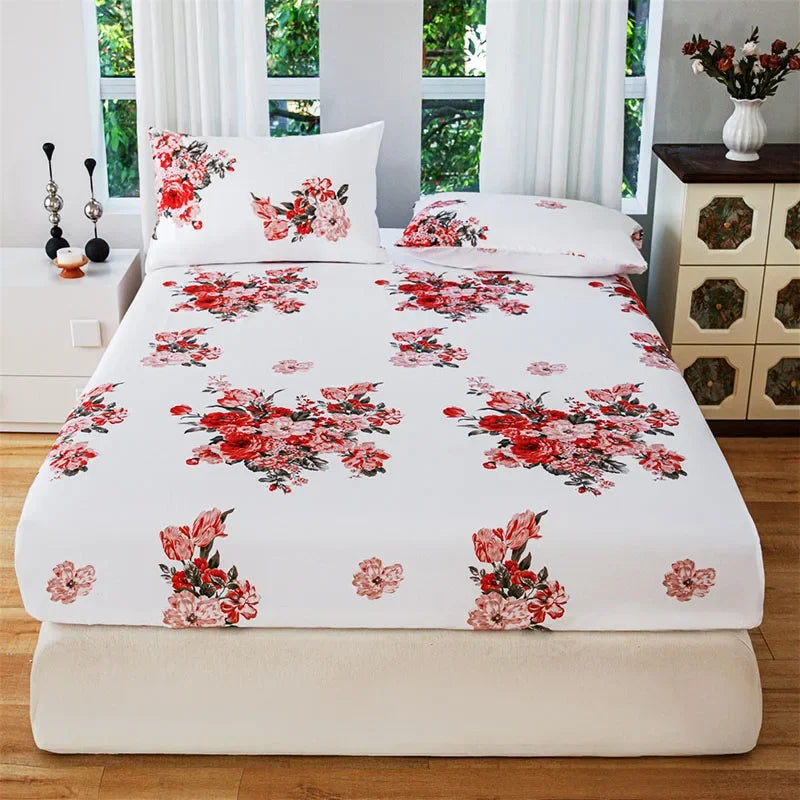Floral Print Fitted Sheet & Pillowcase Set by Afralia™ for All Seasons