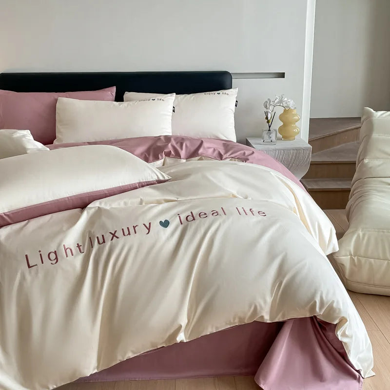 Afralia™ Pure Cotton Embroidered Bed Sets Solid Color Fitted Sheet Kit, Cozy Comforter Sets
