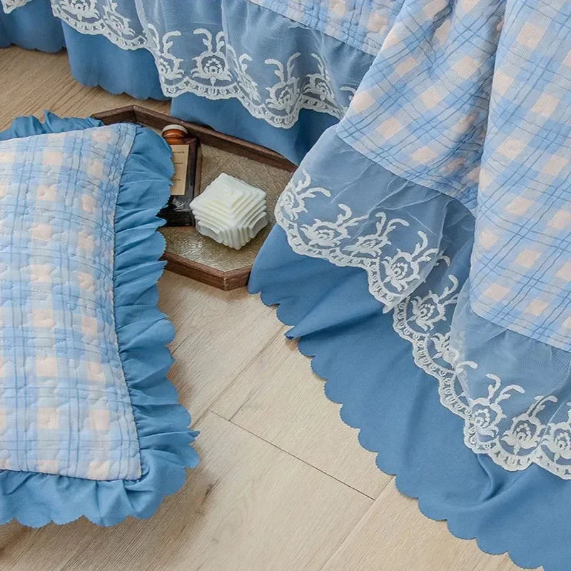 Afralia™ Oversized Printed Bed Skirt Pad Cover with Lace Edge, Cotton Mattress Topper