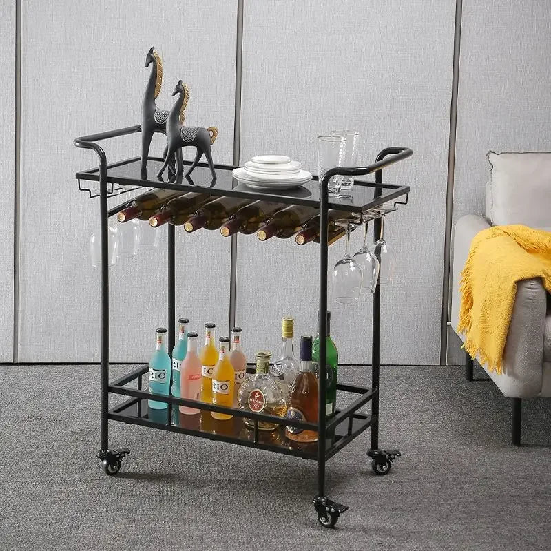 Afralia™ Drinks Trolley with Wine Rack, Glass Holder, Cup Holder, 2 Racks - Black Gold
