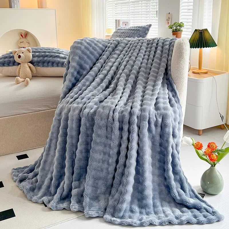 Afralia™ Soft Plush Faux Rabbit Fur Throw Blanket - White Striped Luxury Fluffy Blanket