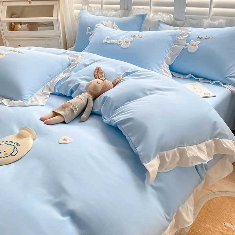 Afralia™ Cartoon Embroidery 100% Cotton Bedding Set King Queen Bedclothes