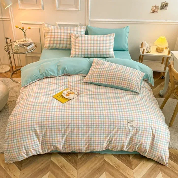 Afralia™ Japanese Grid Print Bedding Set for All Seasons, Queen/King Size Quilt Cover