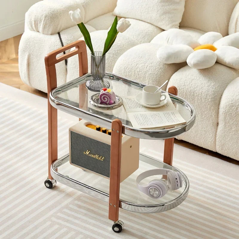 Afralia™ Nordic Wood End Table Tea Table, Movable Trolley, Glass Top, Multifunctional Storage Rack.
