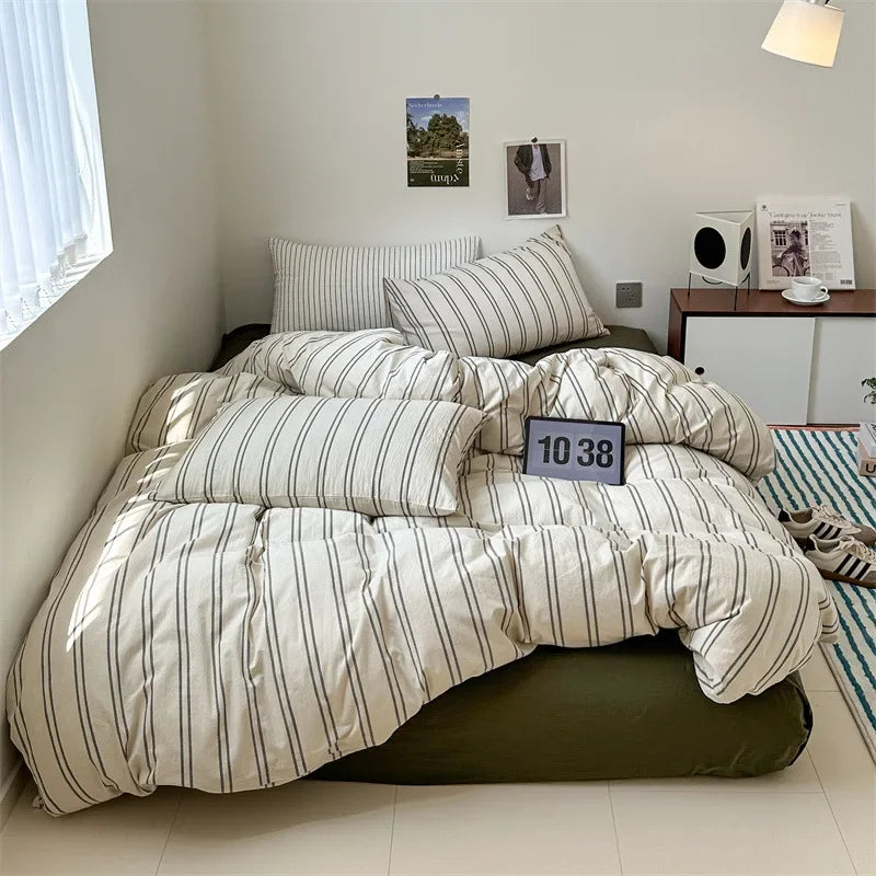 Afralia™ Nordic Striped Cotton Bed 4Pcs Fitted Sheet Set - Breathable & Skin-Friendly