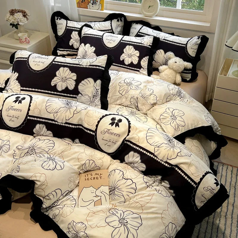 Afralia™ Black White Printed Bed Skirt Bedding Set - Cozy Skin Friendly Linens