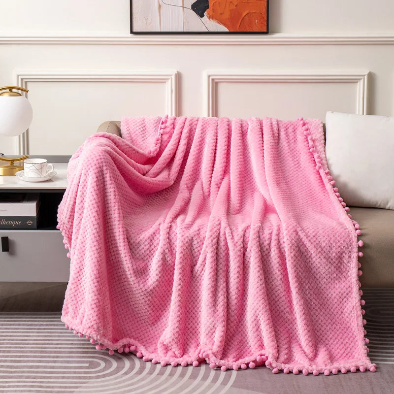 Afralia™ Plaid Tassel Ball Fleece Blanket - Queen Double Bedspread, Four Season Sofa Cover