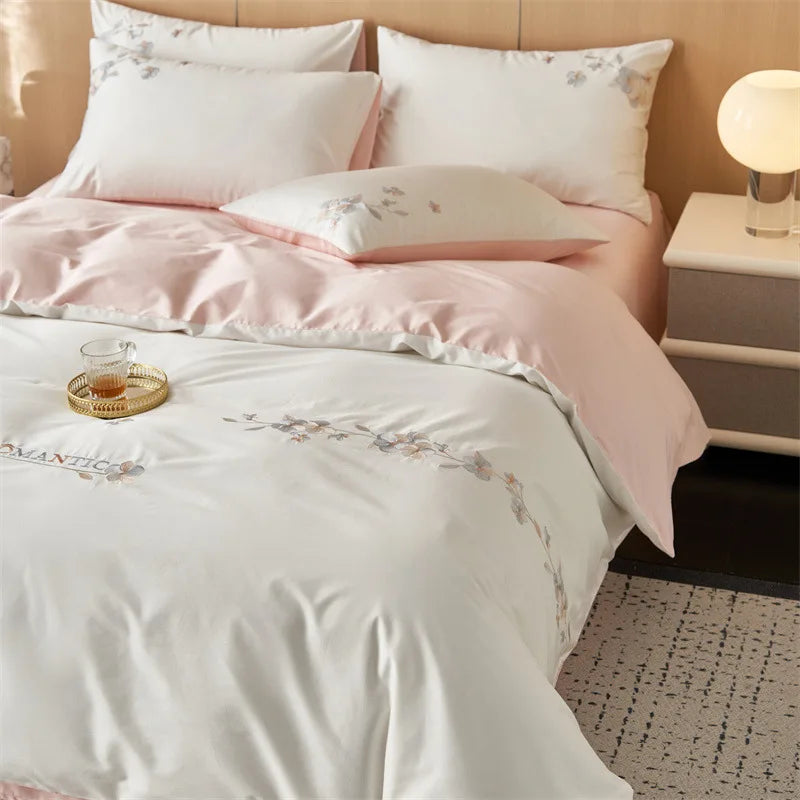 Afralia™ Luxury 100S Long Staple Cotton Embroidery Bedding Set, Ultra Soft Solid Duvet Cover, Double King Size
