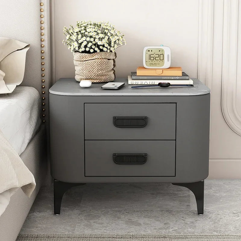 Afralia™ Rock Bed Edge Cabinet with Drawers - Modern & Luxury Leather Master Bedroom Nightstand