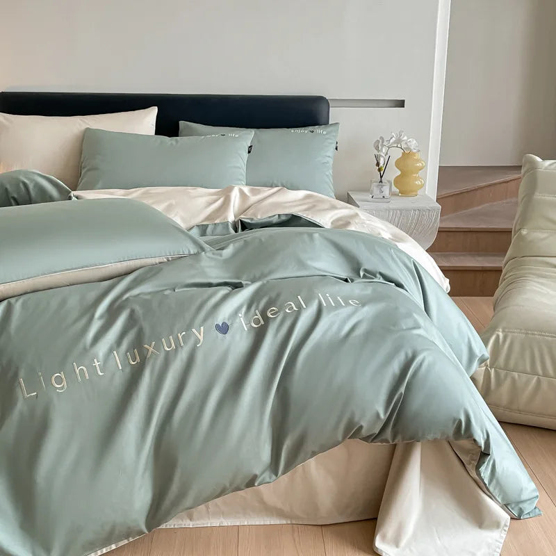 Afralia™ Pure Cotton Embroidered Bed Sets Solid Color Fitted Sheet Kit, Cozy Comforter Sets