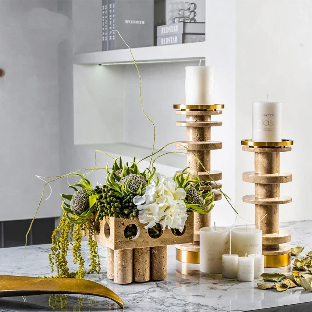 Afralia™ Marble Candle Holder with Metal Base Luxury Home Decor Beige Brown Travertine