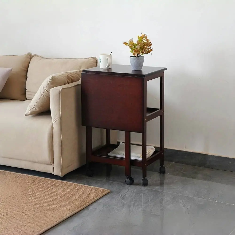 Afralia™ Solid Wood Dining Table Folding Side Cabinet with Wheels and Storage Shelf