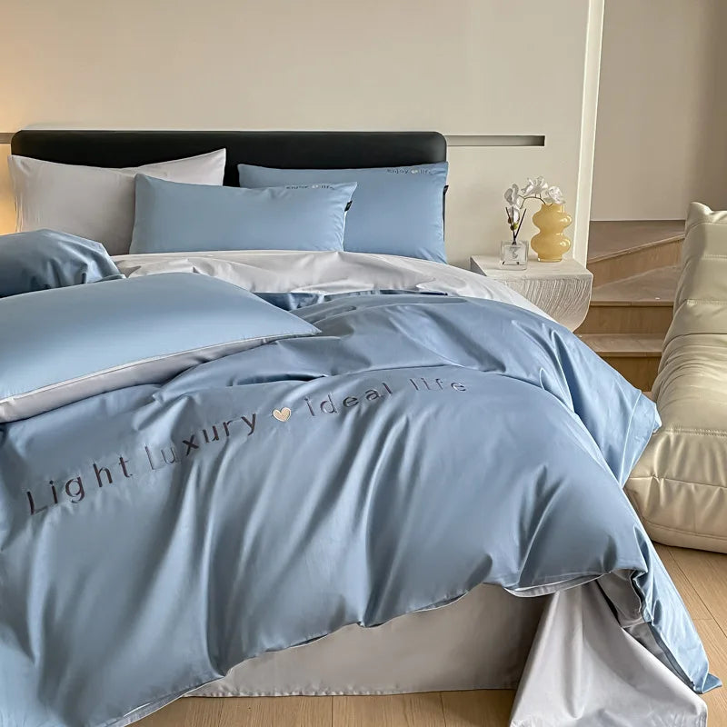 Afralia™ Pure Cotton Embroidered Bed Sets Solid Color Fitted Sheet Kit, Cozy Comforter Sets