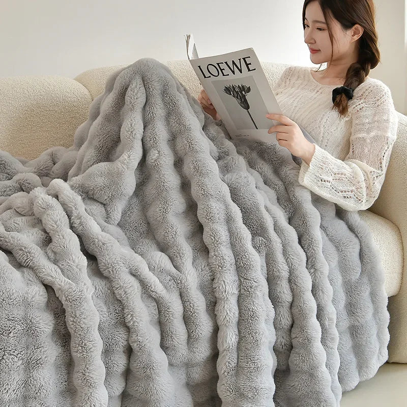 Afralia™ Rabbit Faux Fur Bubble Fleece Plush Blanket Double-Sided for Bed & Sofa