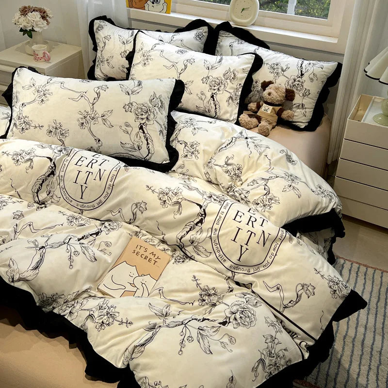 Afralia™ Korean Black White Hepburn Style Bedding Set with Lace Fitted Sheet Set