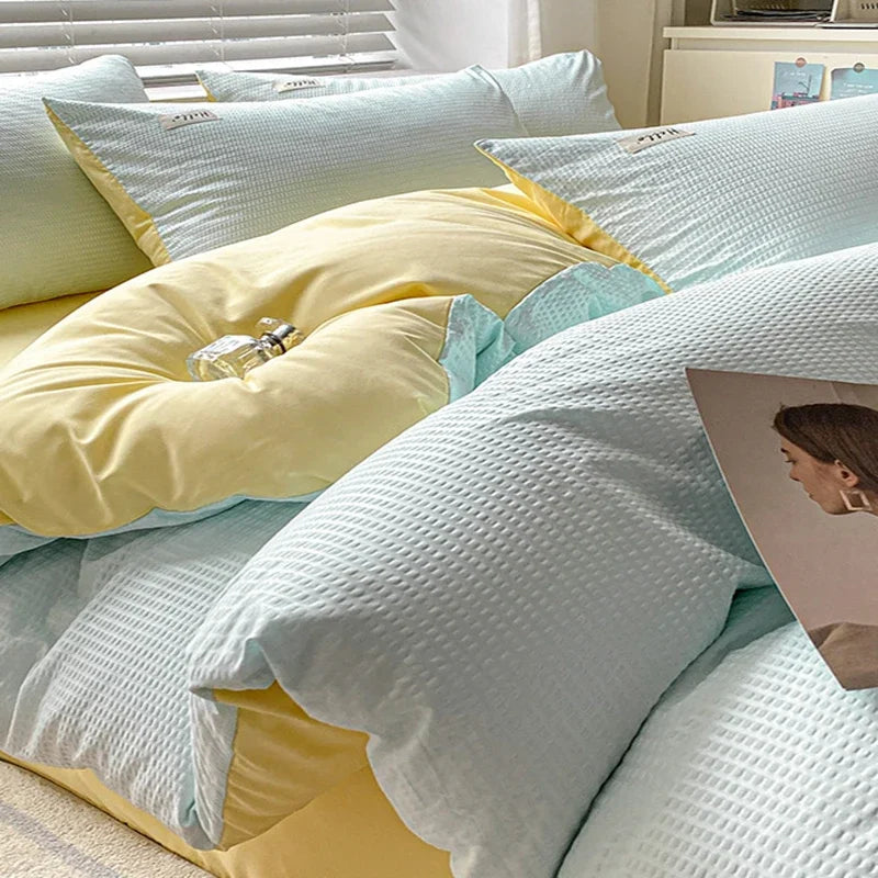 Afralia™ Soft Waffle Comforter Set with Printed Fitted Sheet for Single Double Beds