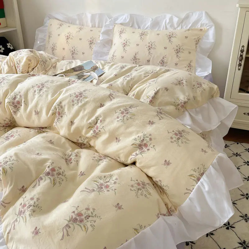 Afralia™ Romantic Floral Print Bedding Set with Lace – Gentle & Comfortable Bedclothes for Girls