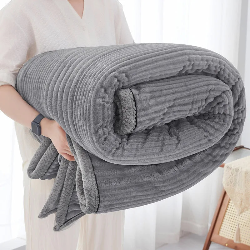 Afralia™ Solid Stripe Faux Rabbit Blanket Flannel for All Seasons, Single Double Bed