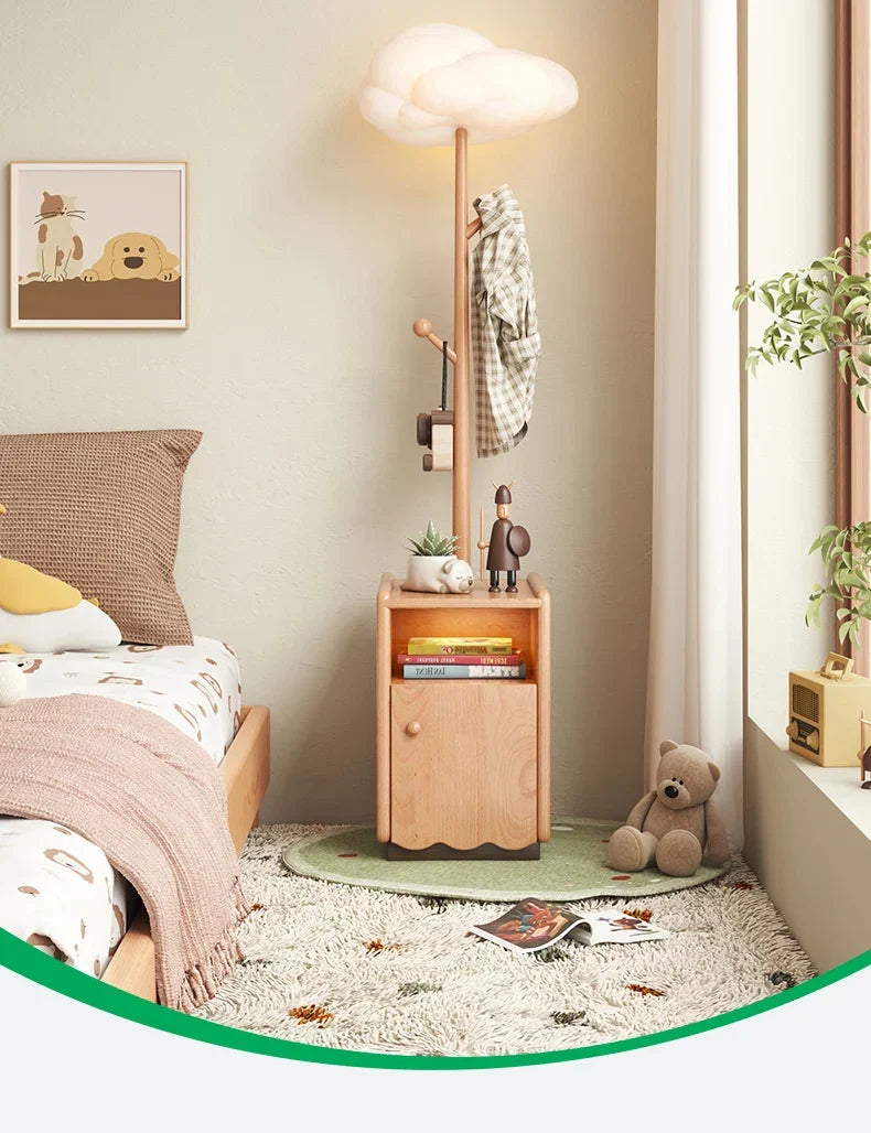 Afralia™ Solid Wood Bedside Cabinet with Lights & Hanging Clothes Rack