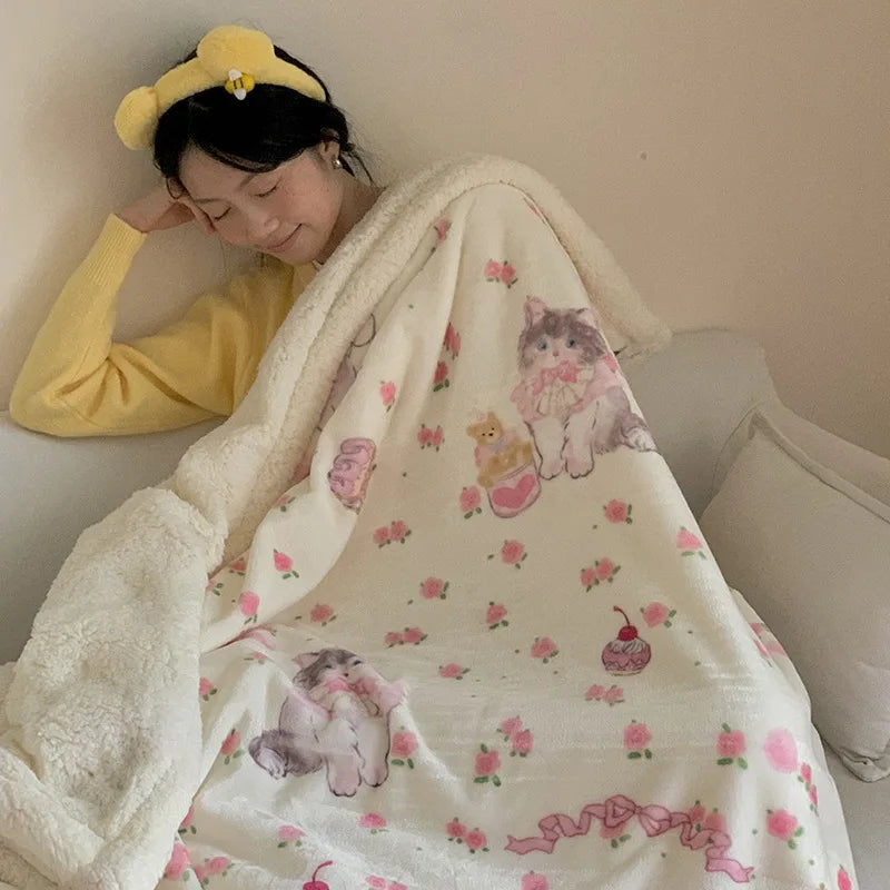 Afralia™ Cartoon Lamb Wool Blanket - Thick, Printed Coral Fleece Sofa Cover