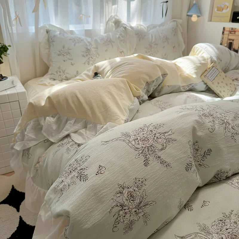 Afralia™ French Washed Cotton Princess Flower Quilt Cover Set - Spring Floral Bedding
