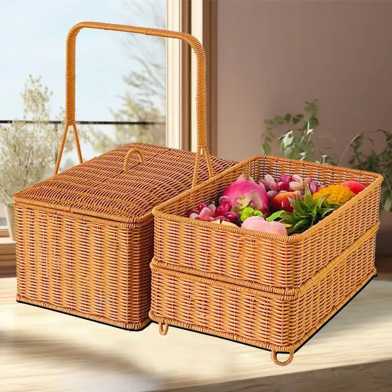 Afralia™ Handwoven Rattan Picnic Basket with Lid and Rectangular Outdoor Storage
